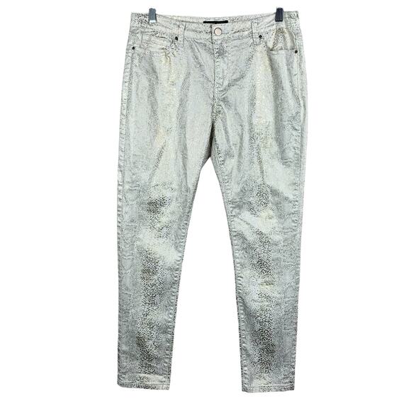 Boston Proper Jeans Cream Gold Foil Metallic Snakeskin Print Stretchy Women’s 10 - Picture 1 of 10